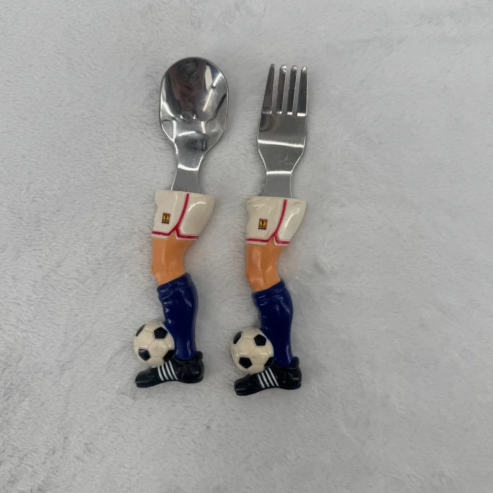 Vintage InZone Soccer Player Leg Spoon & Fork Stainless Flatware Utensil Set 6